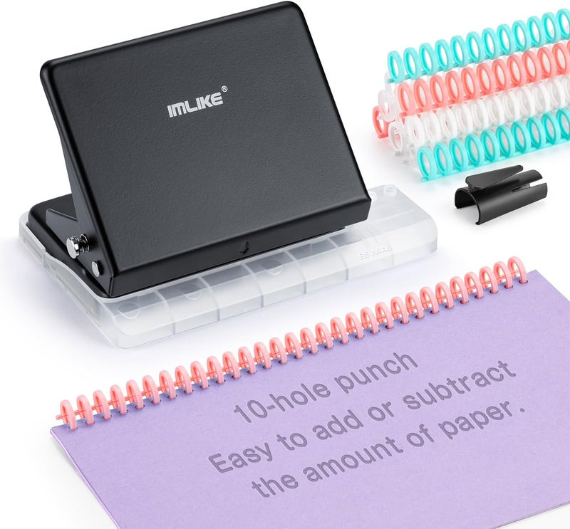 IMLIKE 10-Hole Binding Machine for Planners - Metal Manual Binding System with 10 Multi-Color 30-Hole Loose Leaf Binding Spines - Punches 26 Holes on B5, 30 Holes on A4, 20 Holes on A5 Paper - Black - Image 1
